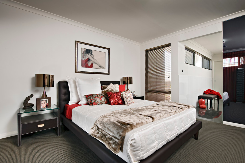 Black Platform Bed Bedroom Modern with Beige Bedding Beige Fur