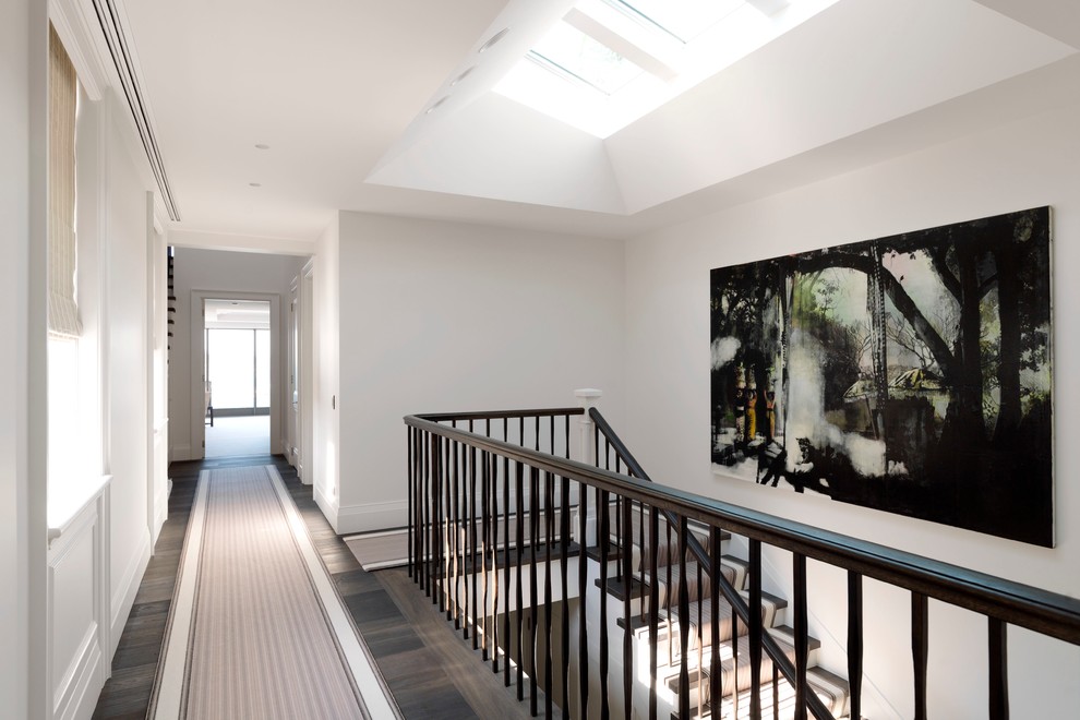 Black Stair Railing Hall Transitional with Banister Landing Neutral Rug