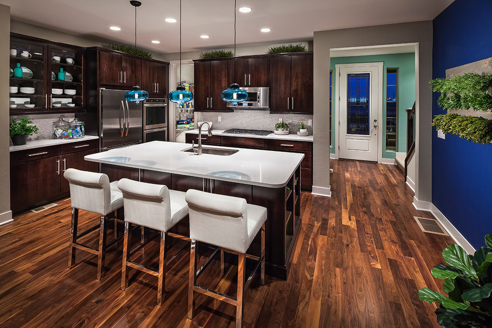 Black Walnut Flooring Kitchen Contemporary with Beige Counter Stool Beige