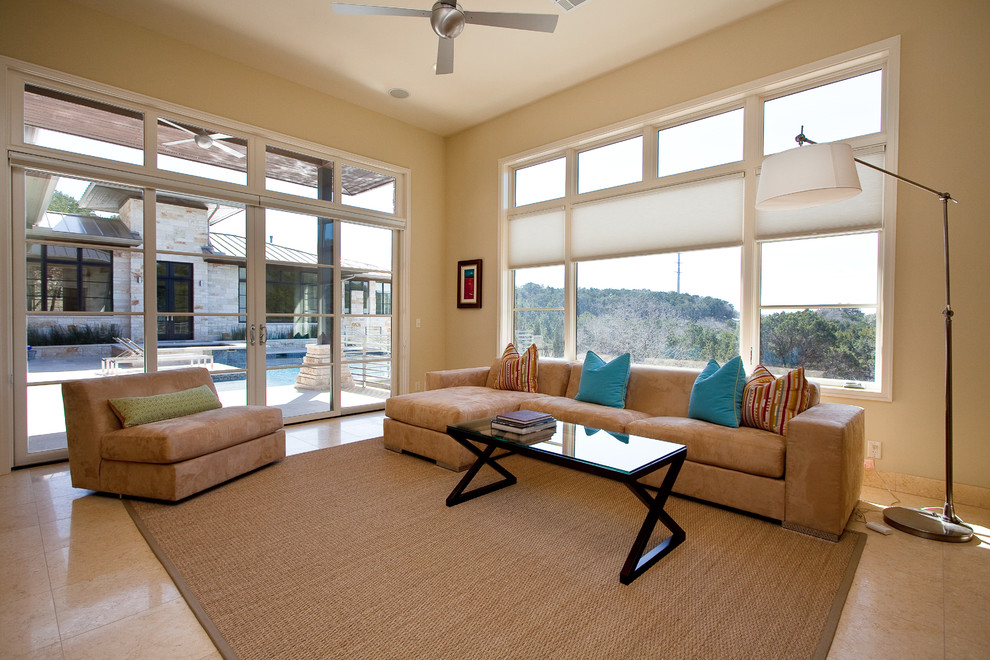 Blinds for Sliding Glass Doors Family Room Contemporary with Area Rug Ceiling Fan