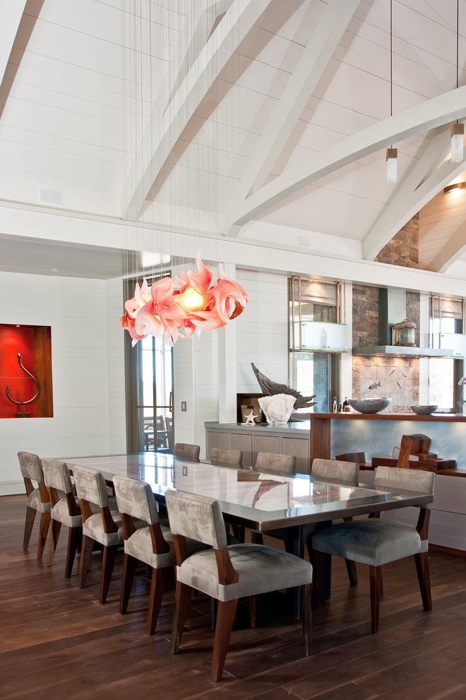 Blown Glass Chandelier Kitchen Contemporary with Artwork Dark Stained Wood