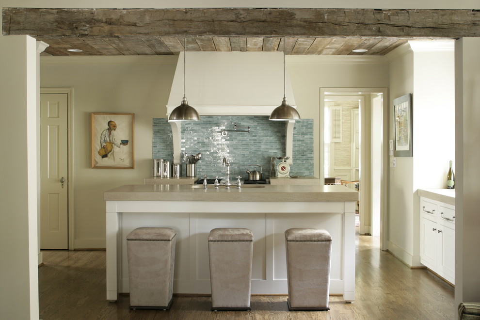 Blue Glass Backsplash Kitchen Contemporary with Breakfast Bar Eat In