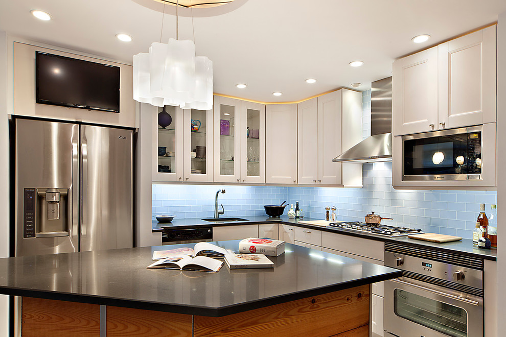 Blue Glass Backsplash Tile Kitchen Modern with Modern Open Space Rustic