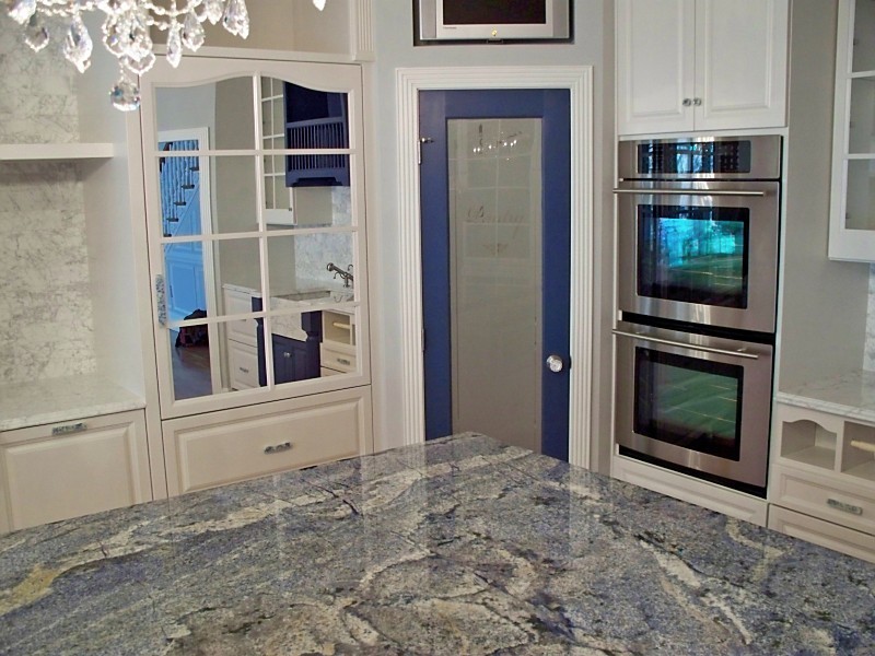 Blue Granite Countertop Kitchen Traditional with Art Glass Door Backsplash