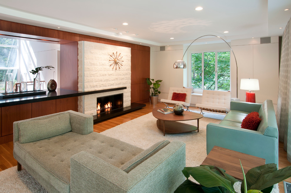 Blue Leather Sofa Living Room Midcentury with Arc Lamp Area Rug