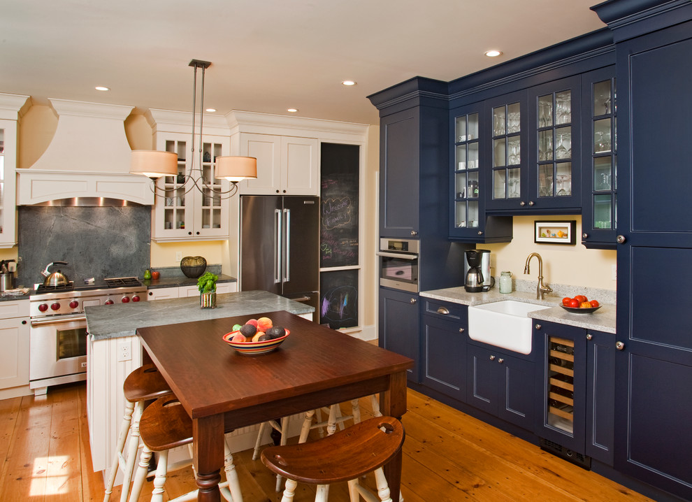Blue Marble Countertops Kitchen Farmhouse with Beadboard Beige Walls Blue