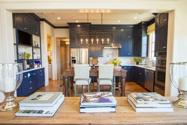 Blue Painted Kitchen Cabinets Kitchen with Hardwood Floor Navy Blue