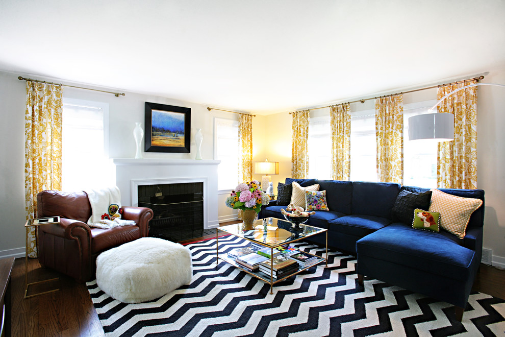 Blue Sectional Sofa Living Room Transitional with Black and White Chevron1