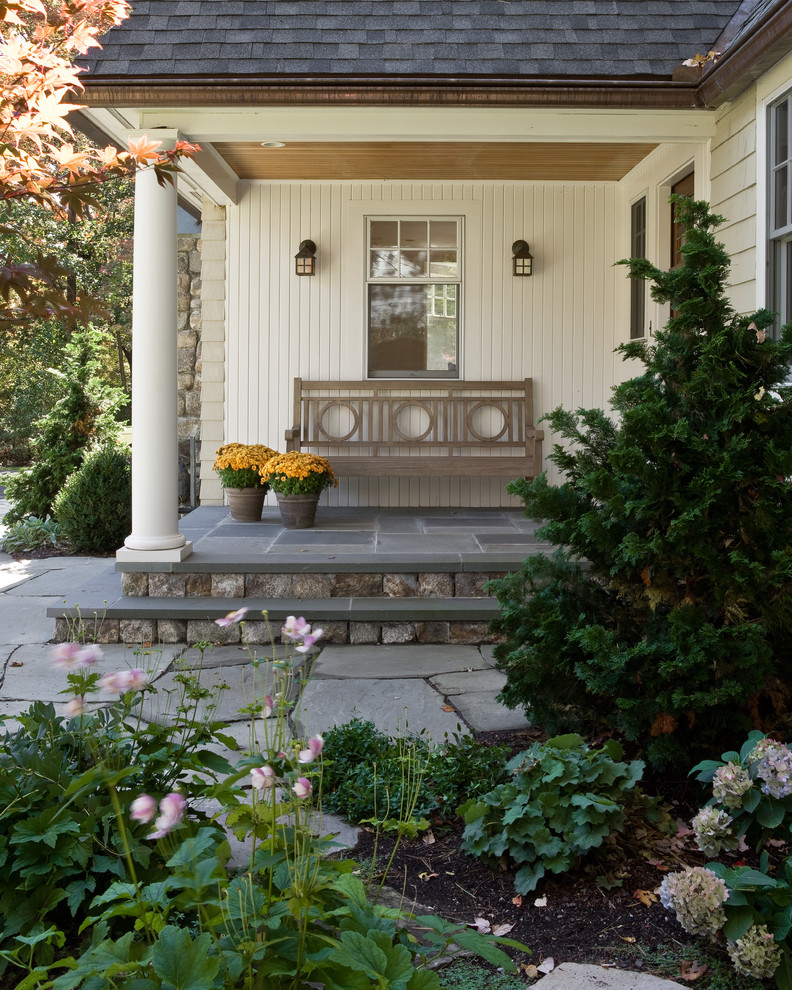 Blue Stone Pavers Porch Traditional with Beadboard Ceiling Bluestone Cap