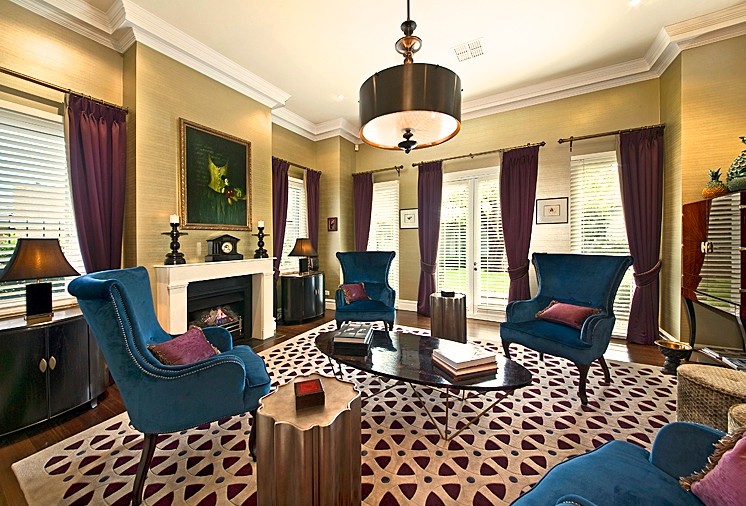 Blue Velvet Armchair Living Room Mediterranean with Area Rug Bar Cabinets