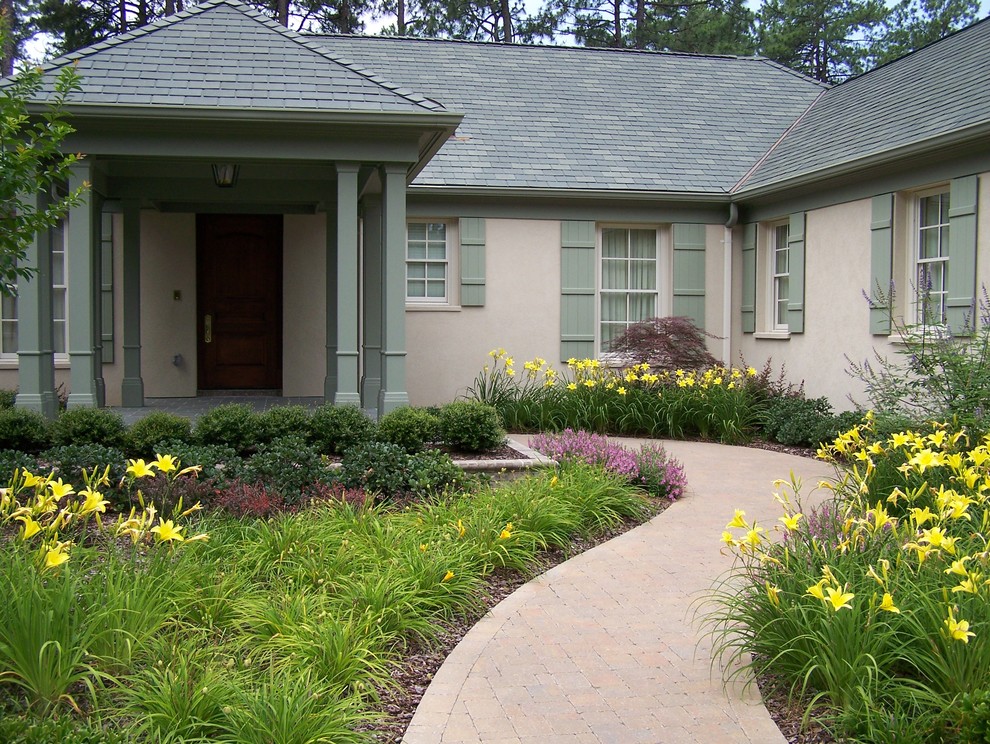 Board and Batten Shutters Exterior Traditional with Bark Mulch Covered Entry