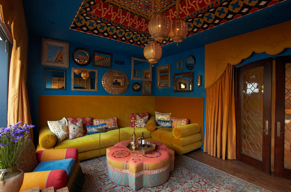 Bohemian Chic Decor Family Room Mediterranean with Accent Ceiling Bright Colors