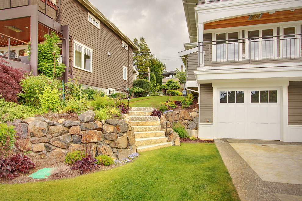 Boulder Retaining Wall Landscape Craftsman with Cable Railing Covered Porch