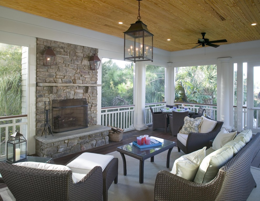 Brass Fireplace Screen Porch Traditional with Ceiling Fans Columns Deck