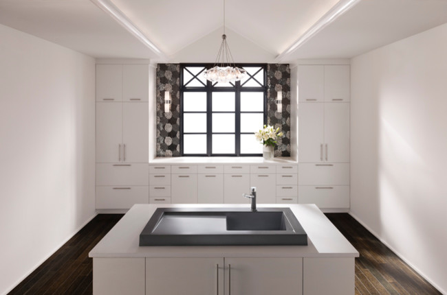 Breakfast Bar Countertop Kitchen Contemporary with Artistic Tile Black White