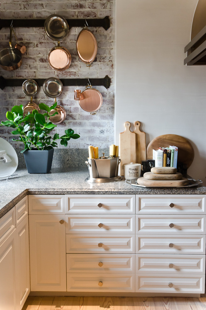 Brick Backsplash Kitchen Kitchen Traditional with Cheese Boards Copper Pots