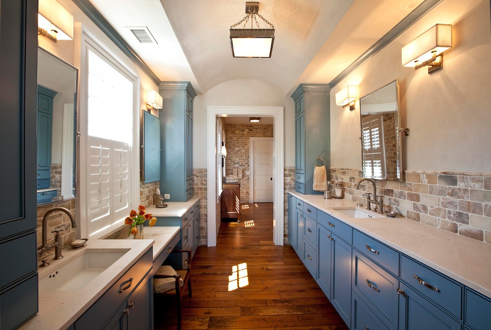 Brick Backsplash Tiles Bathroom Rustic with Bathroom Blue Painted Cabinets