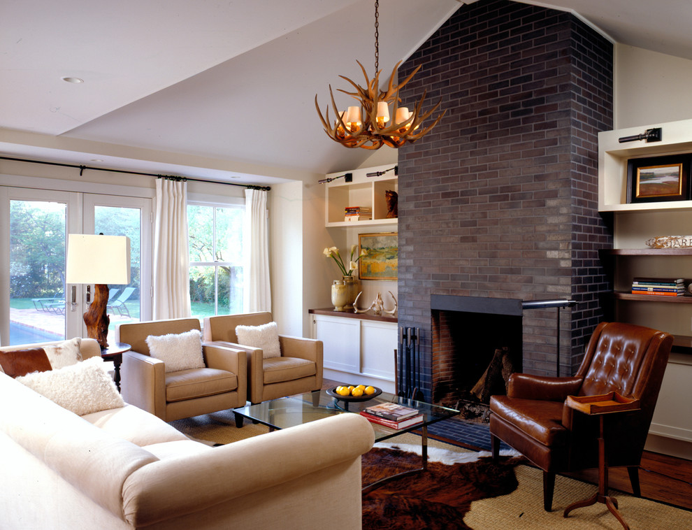 Brick Fireplace Remodel Family Room Farmhouse with Antler Chandelier Area Rug