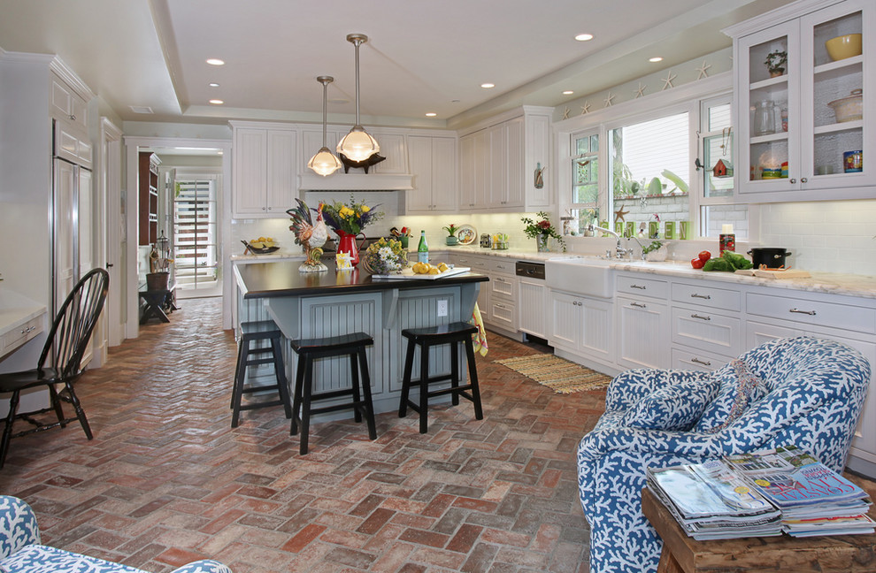 Brick Floor Kitchen Kitchen Beach with Apron Sink Black Bar