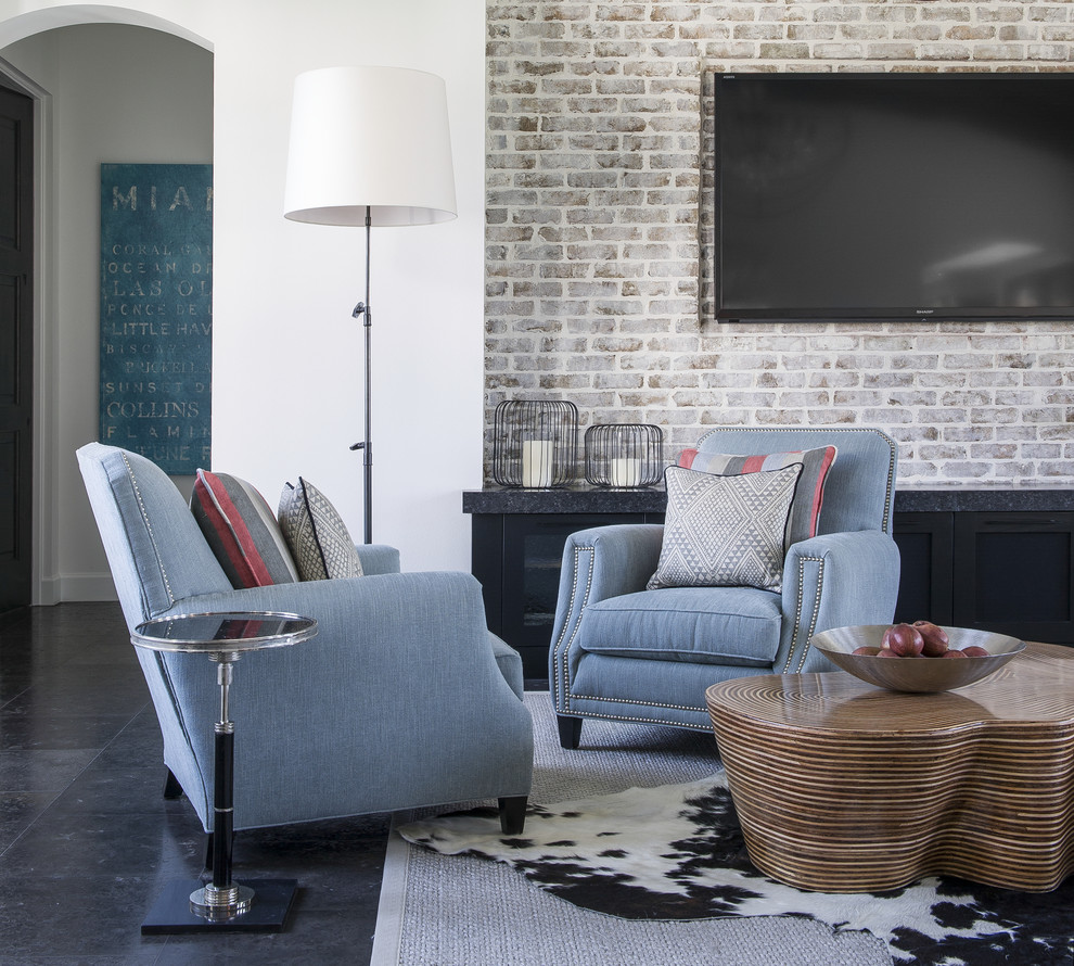Brick Floor Tile Living Room Eclectic with Animal Hide Rug Arch