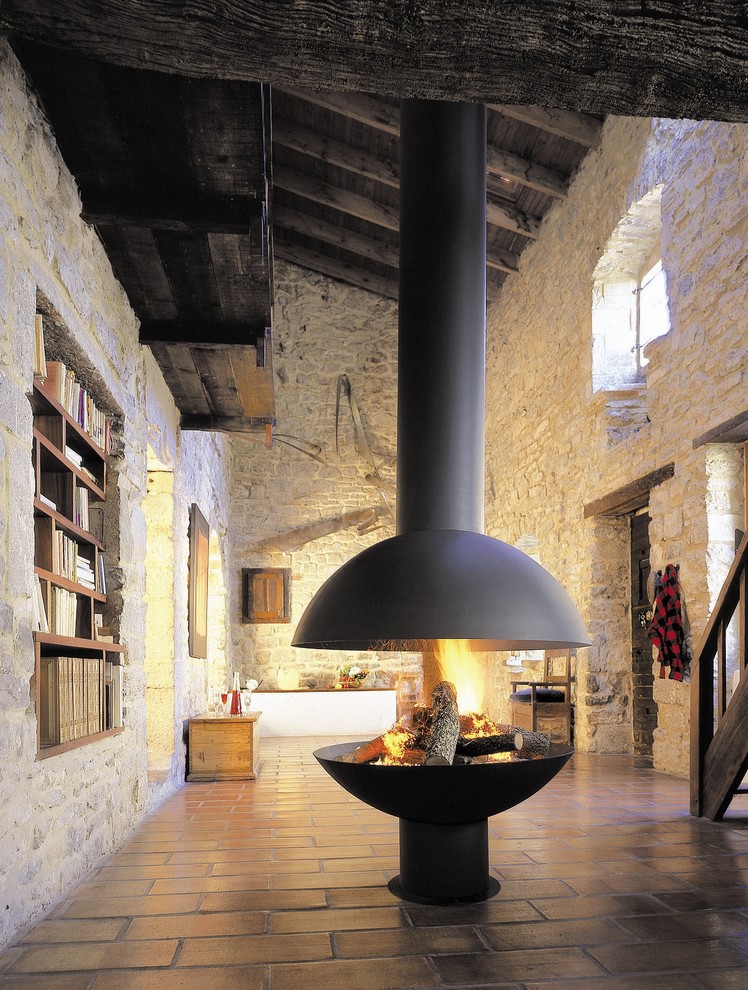 Brick Floor Tile Living Room Industrial with Bookshelf Contemporary European Fire