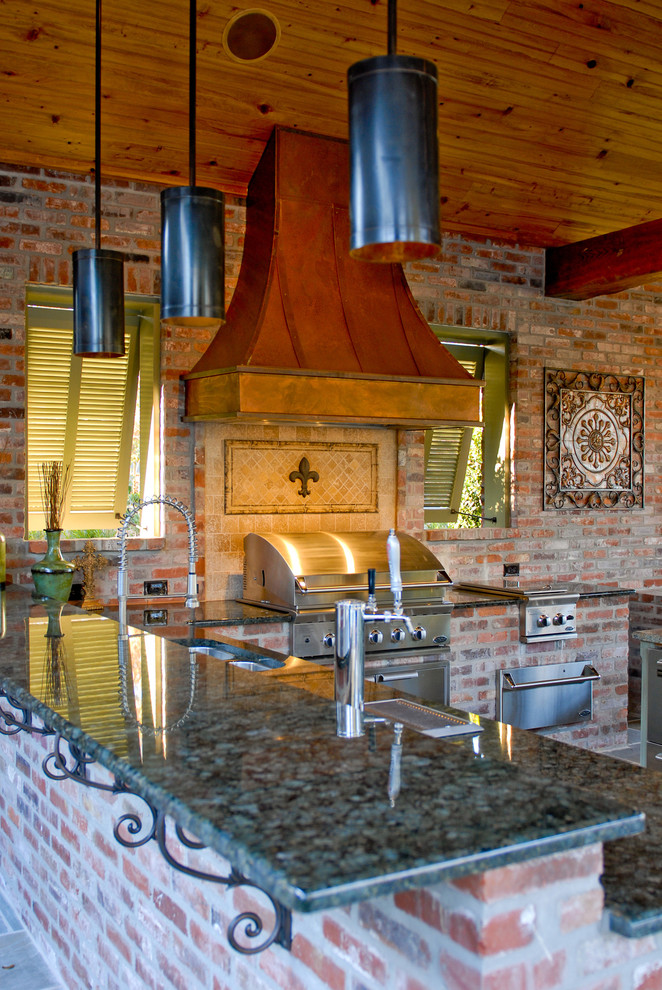 Brick Outdoor Kitchen Patio Traditional with Backsplash Brick Cabinetry Granite