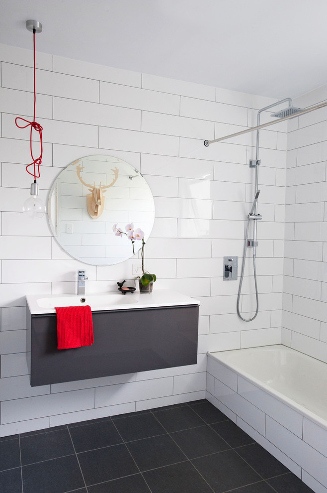 Brick Pattern Tile Bathroom Contemporary with Bathtub Charcoal Floor Tiles1