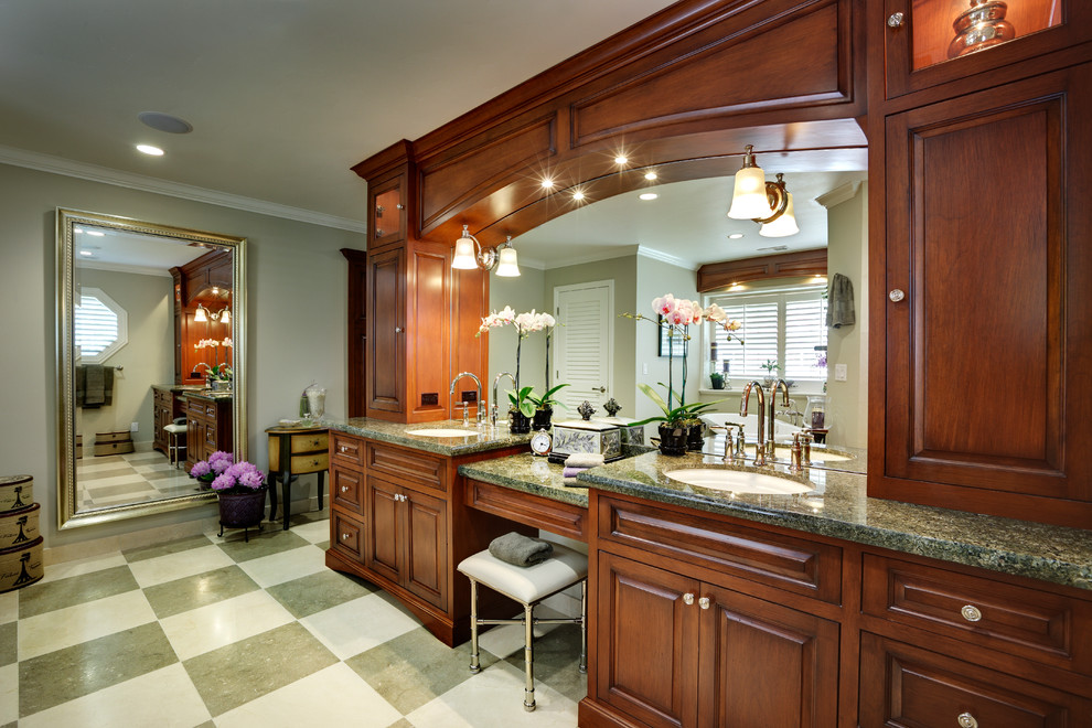 Brick Pattern Tile Bathroom Traditional with Cabinet Lighting Checkerboard Heated