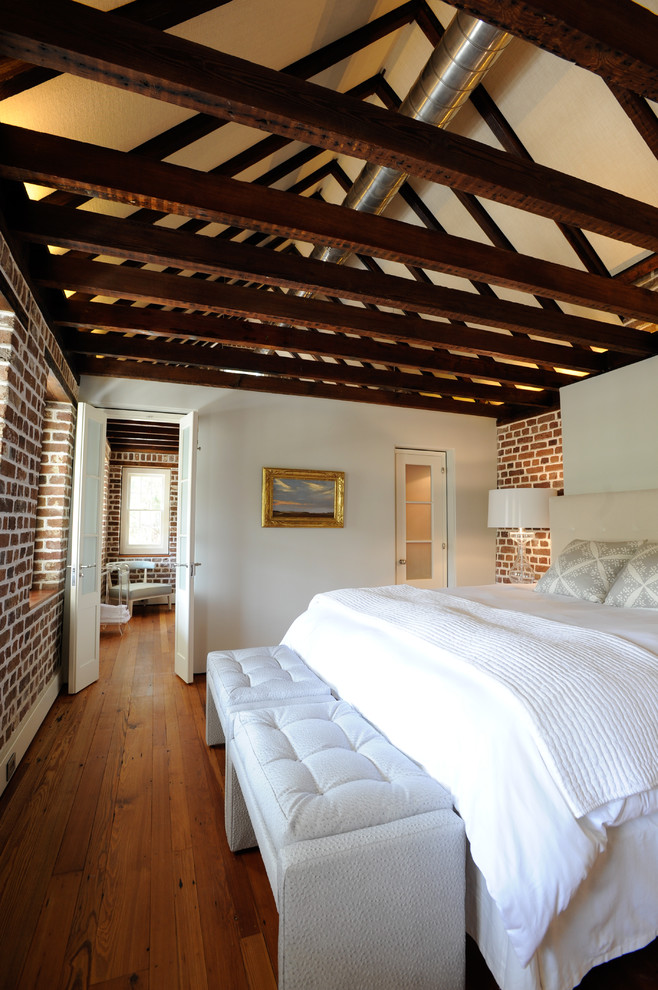 Brick Wall Panels Bedroom Traditional with Brick Ceiling Trusses Exposed