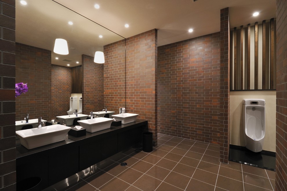 Brick Wall Tile Bathroom Contemporary with Black Countertops Brick Wall