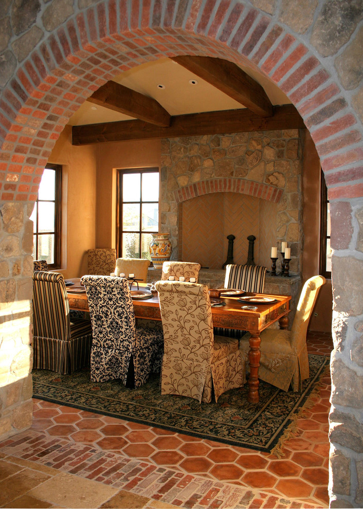 Brick Wall Tile Dining Room Rustic with Andirons Archway Area Rug