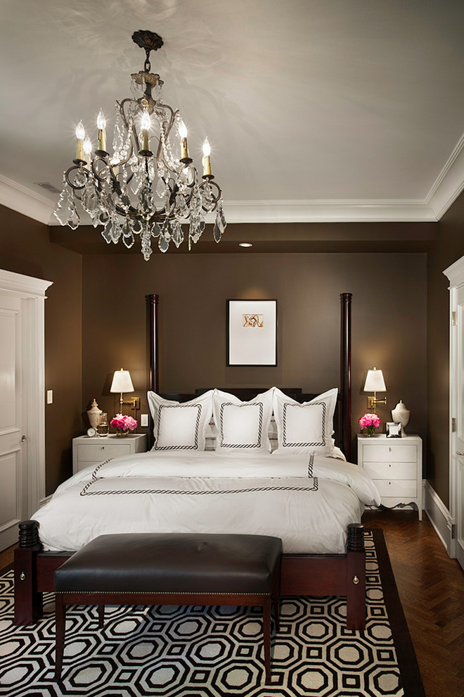 Brown and Cream Bedding Bedroom Traditional with Bedside Table Chandelier Chocolate