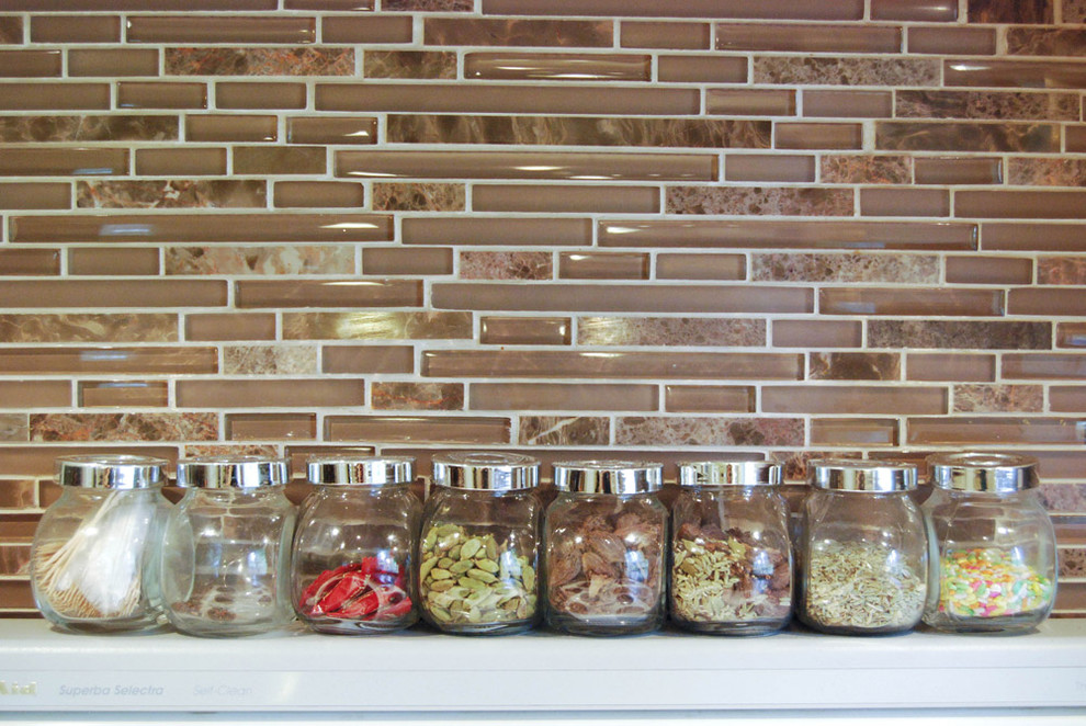 Brown Glass Tile Backsplash Kitchen Contemporary with None 1