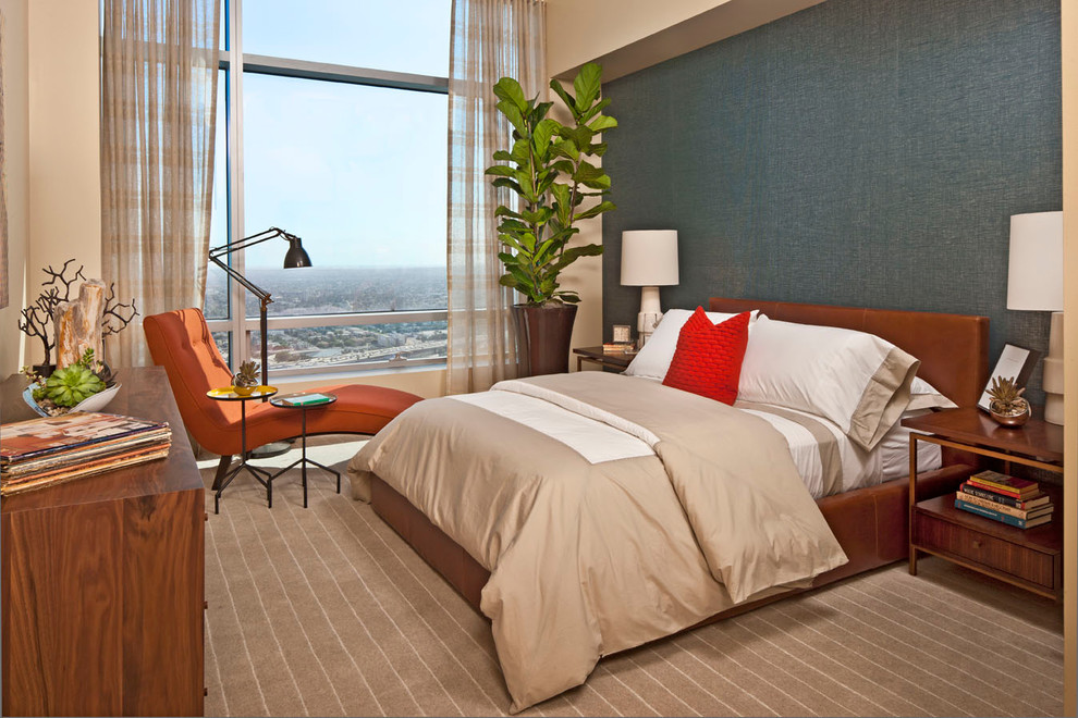 Brown Leather Bed Bedroom Contemporary with Blue Accent Wall Brown