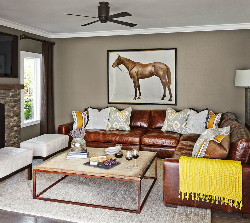 Brown Leather Sectional Living Room Transitional with Braided Rug Ceiling Fan