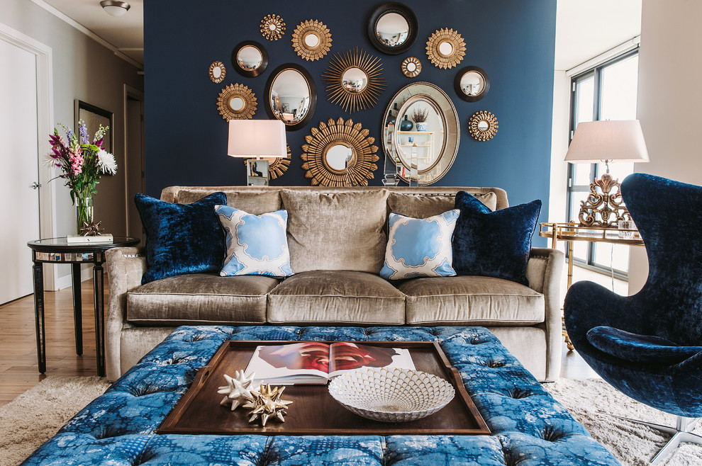 Brown Sofa Living Room Living Room Transitional with Blue and White Blue