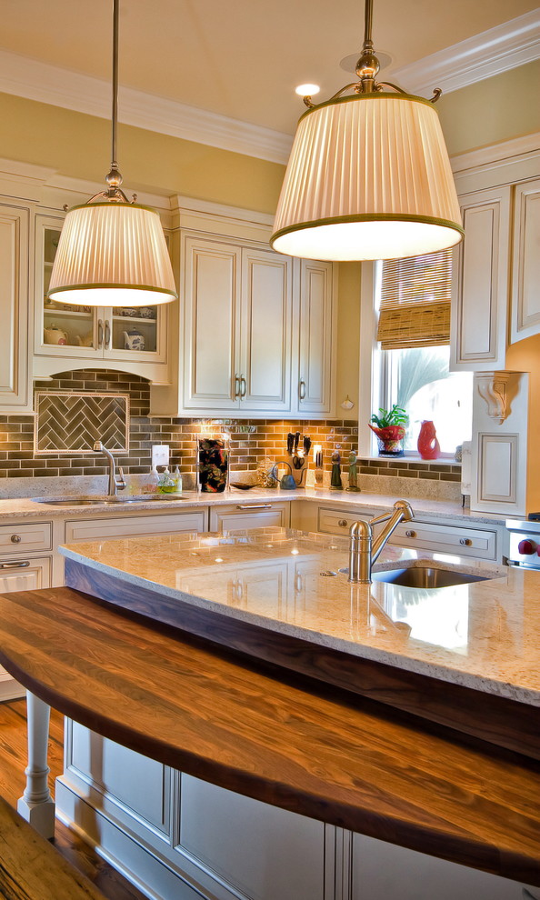 Brown Tile Backsplash Kitchen Traditional with Bamboo Shade Beautiful Kitchen