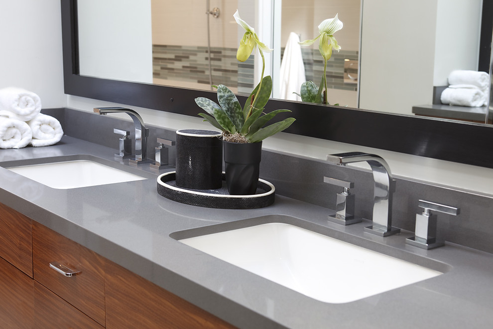 Brushed Brass Bathroom Faucets Bathroom Contemporary with Caeserstone Concrete Caeserstone Countertop