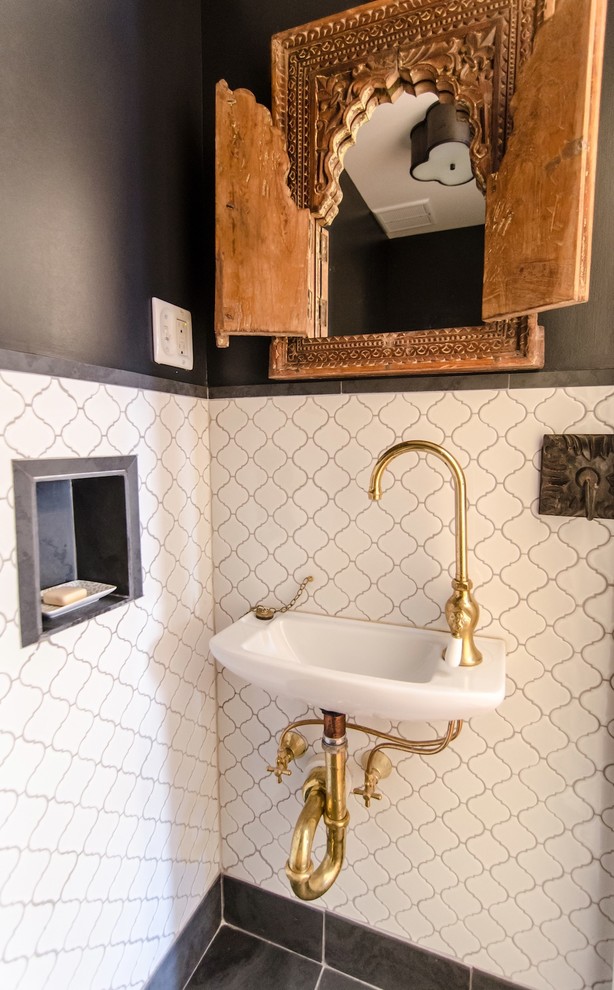 Brushed Brass Bathroom Faucets Powder Room Mediterranean with Antique Carved Wooden Mirror
