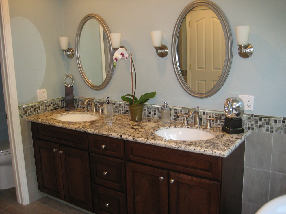 Brushed Nickel Chandelier Bathroom Transitional with Artic Ice Granite Counter2