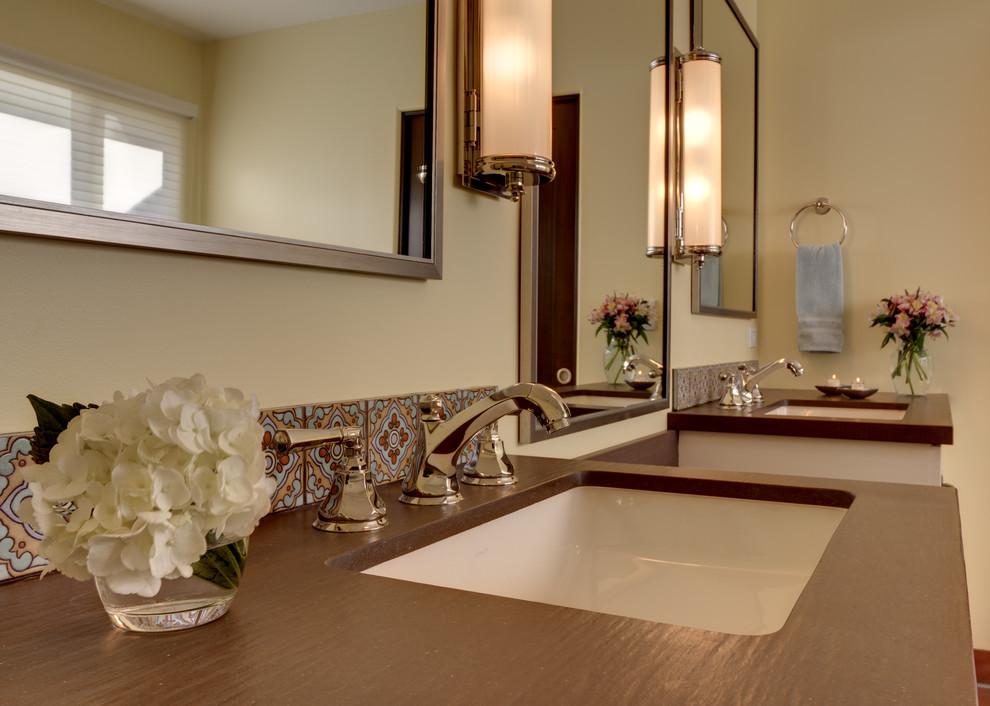 Brushed Nickel Mirror Bathroom Mediterranean with Backsplash Tile Bathroom Bathroom