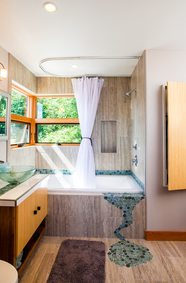Bubble Glass Tile Bathroom Contemporary with Above Counter Sink Corner