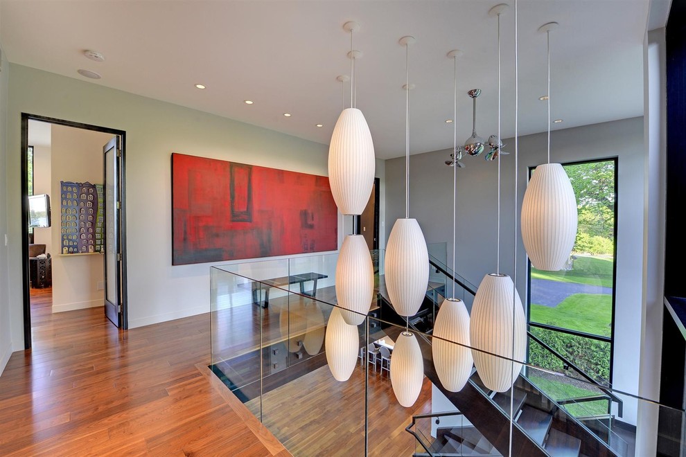 Bubble Pendant Light Staircase Contemporary with Beige Wall Black Staircase