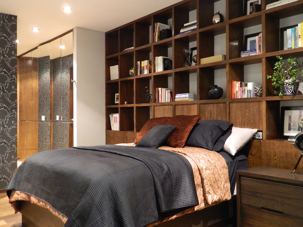Built in Bookshelf Bedroom Contemporary with Bed Pillows Bedside Table