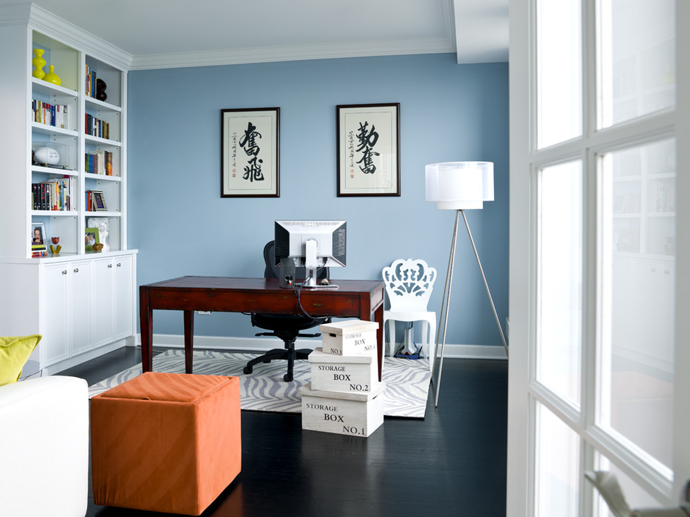 Built in Bookshelf Home Office Transitional with Asian Calligraphy Black And
