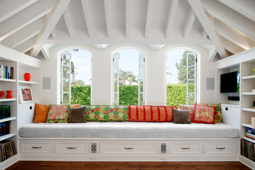 Built in Daybed Family Room Traditional with Arched Windows Bright Pillows