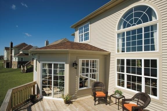 Built in Deck Bench Deck Contemporary with Circle Head Double Hungs