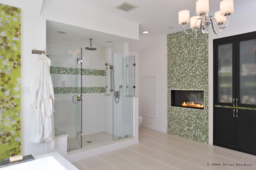 Built in Linen Closet Bathroom Contemporary with Chandelier Cream Fireplace In