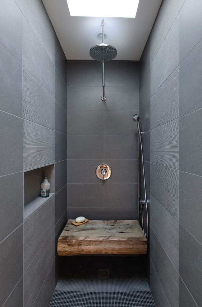 Built in Shower Seat Bathroom Industrial with Gray Tile Hand Held