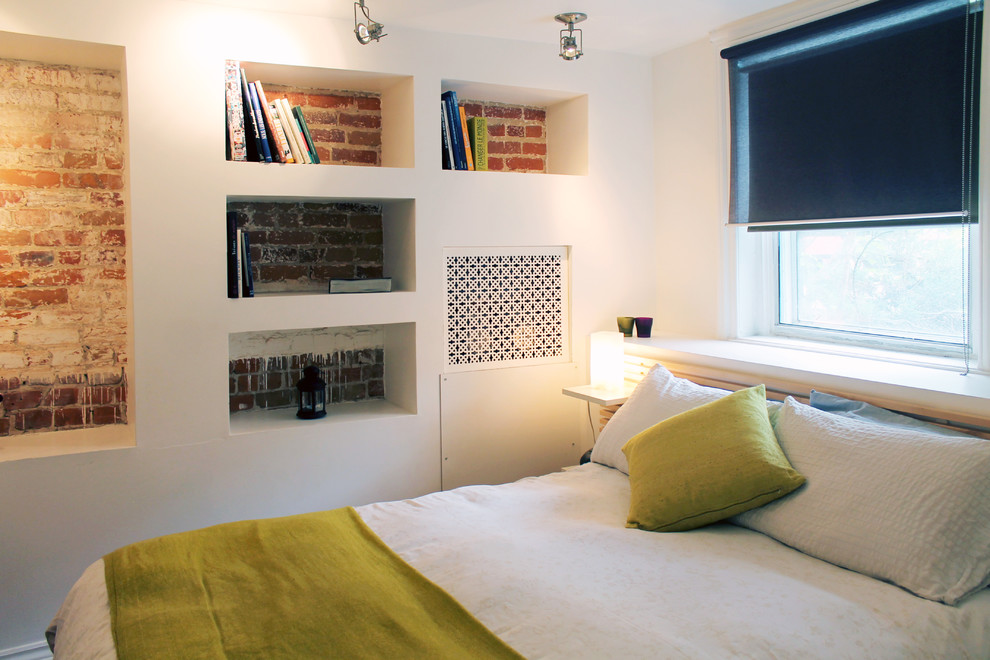 Built in Wall Unit Bedroom Transitional with Basement Brick Bright Colorful